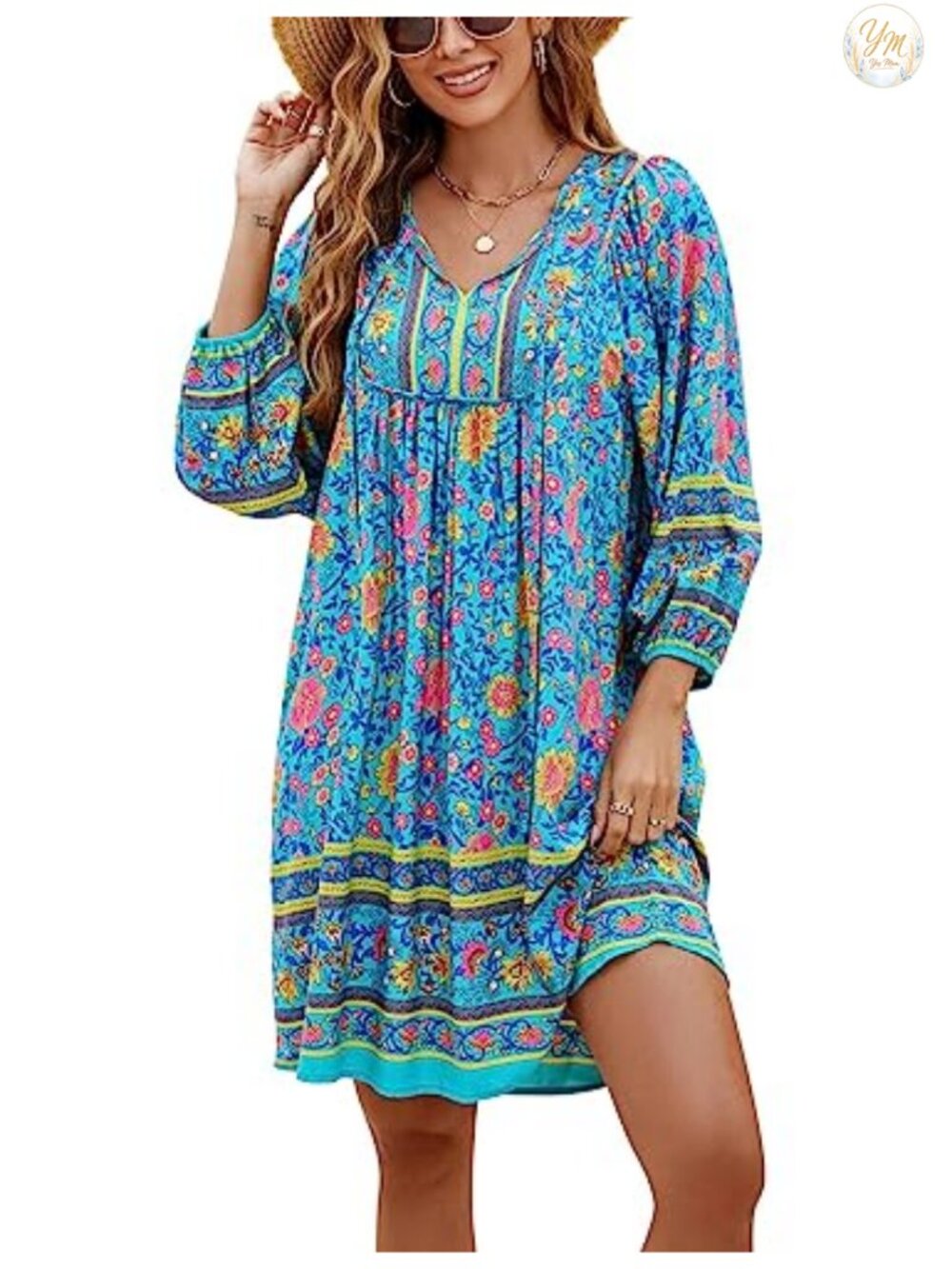 Women 3/4 Sleeve Floral Babydoll Dress V-Neck A-Line Above Knee